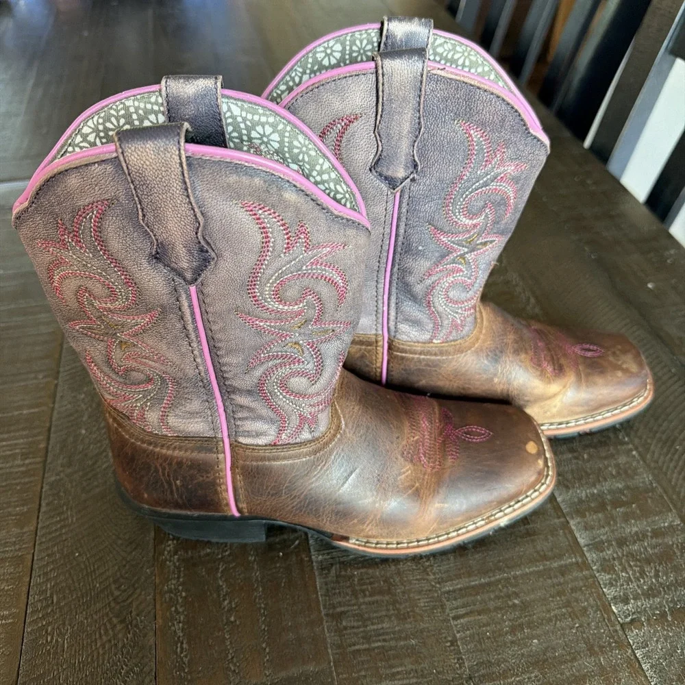 Dan Post Kids Western Leather Boots Embroidered Square Toe Pull-On US 3 DPC2947